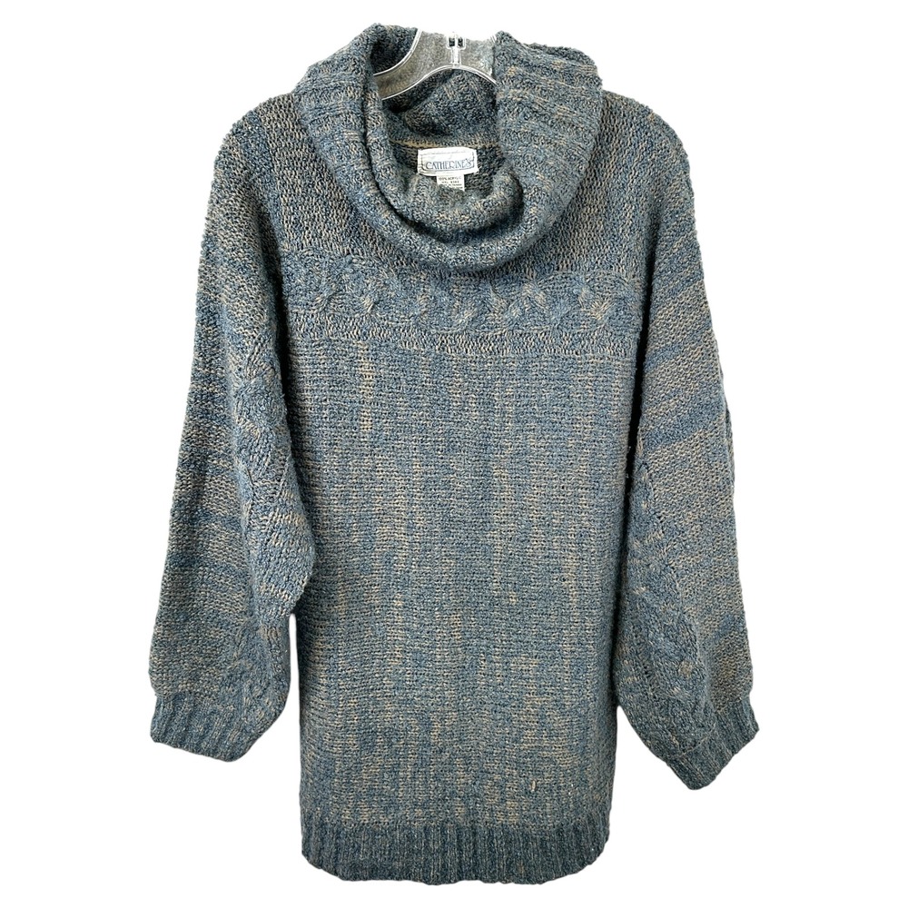VTG Catherines 22/24 Sweater 2X Blue Marled Knit Cowl Neck Cable Pullover D